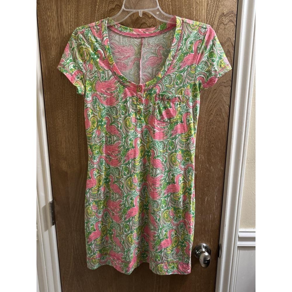 Lilly Pulitzer Britton Hot Wings Pink Green T-shirt Flamingo Dress S Pima Cotton
